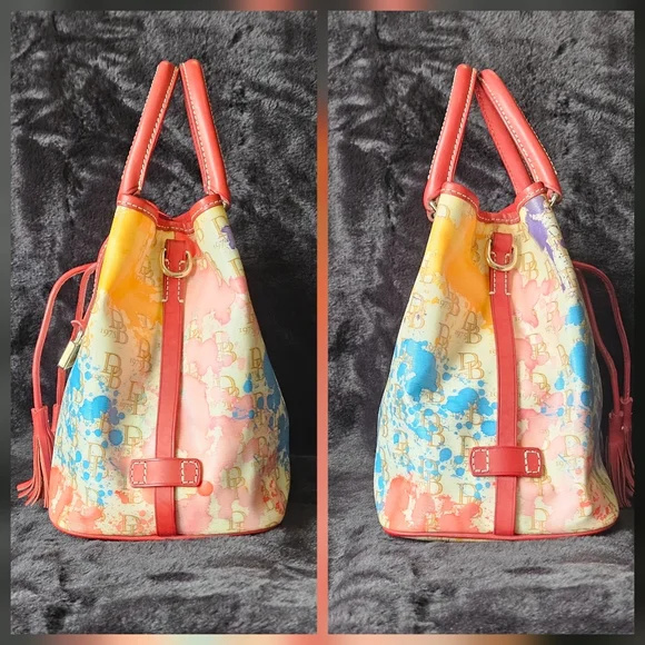 Dooney & Bourke Multicolor Splat Print Drawstring Tote with Red Trim - Picture 4 of 9